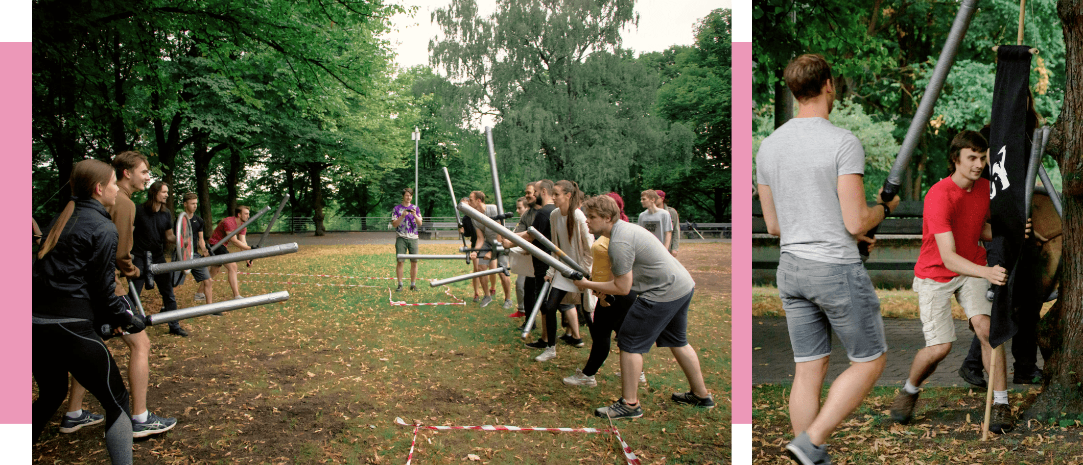 Collage with photos of people fighting with buffed swords.