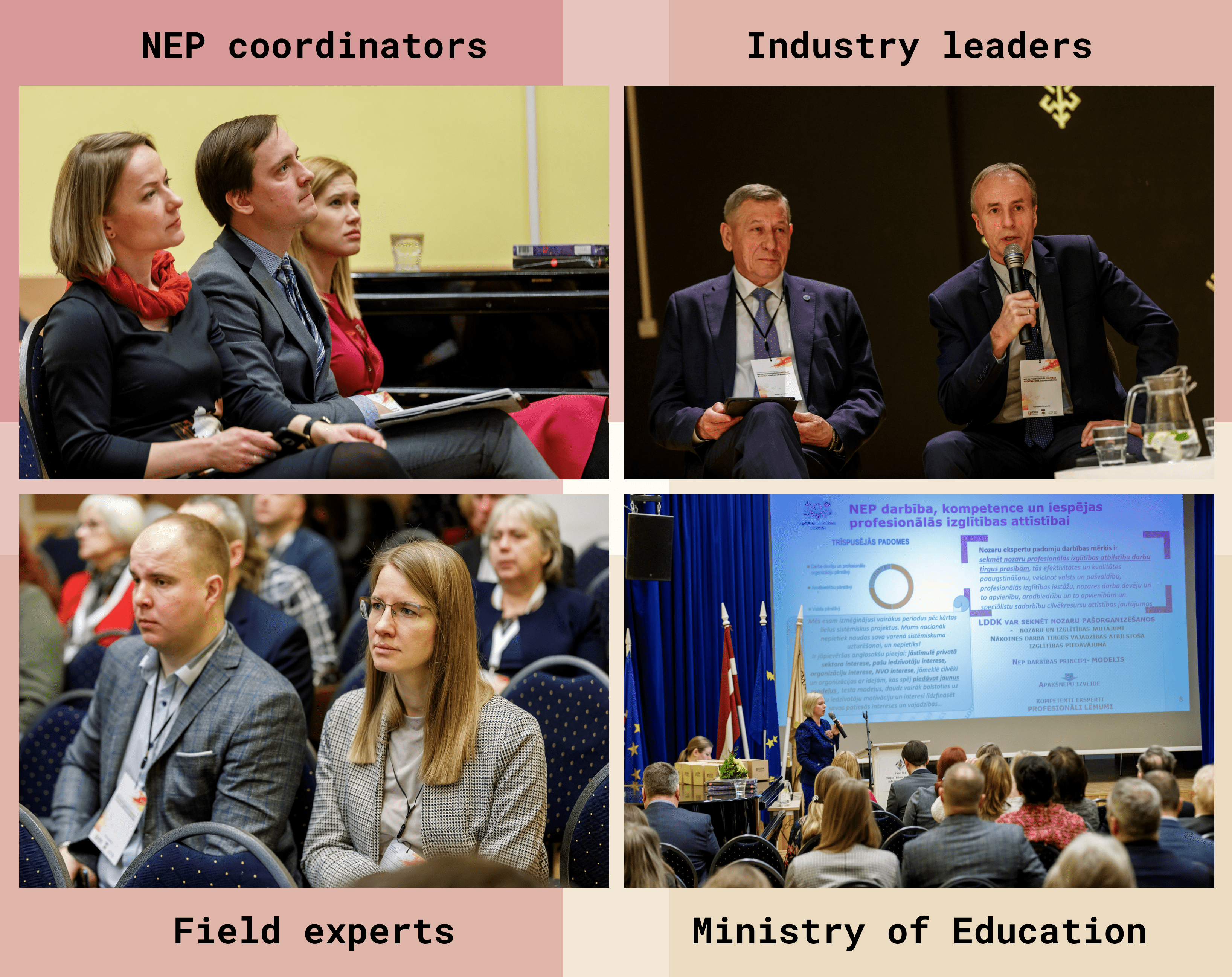 A collage with four images of people in a conference: NEP coordinators, Industry leaders, Field experts and Ministry of Education