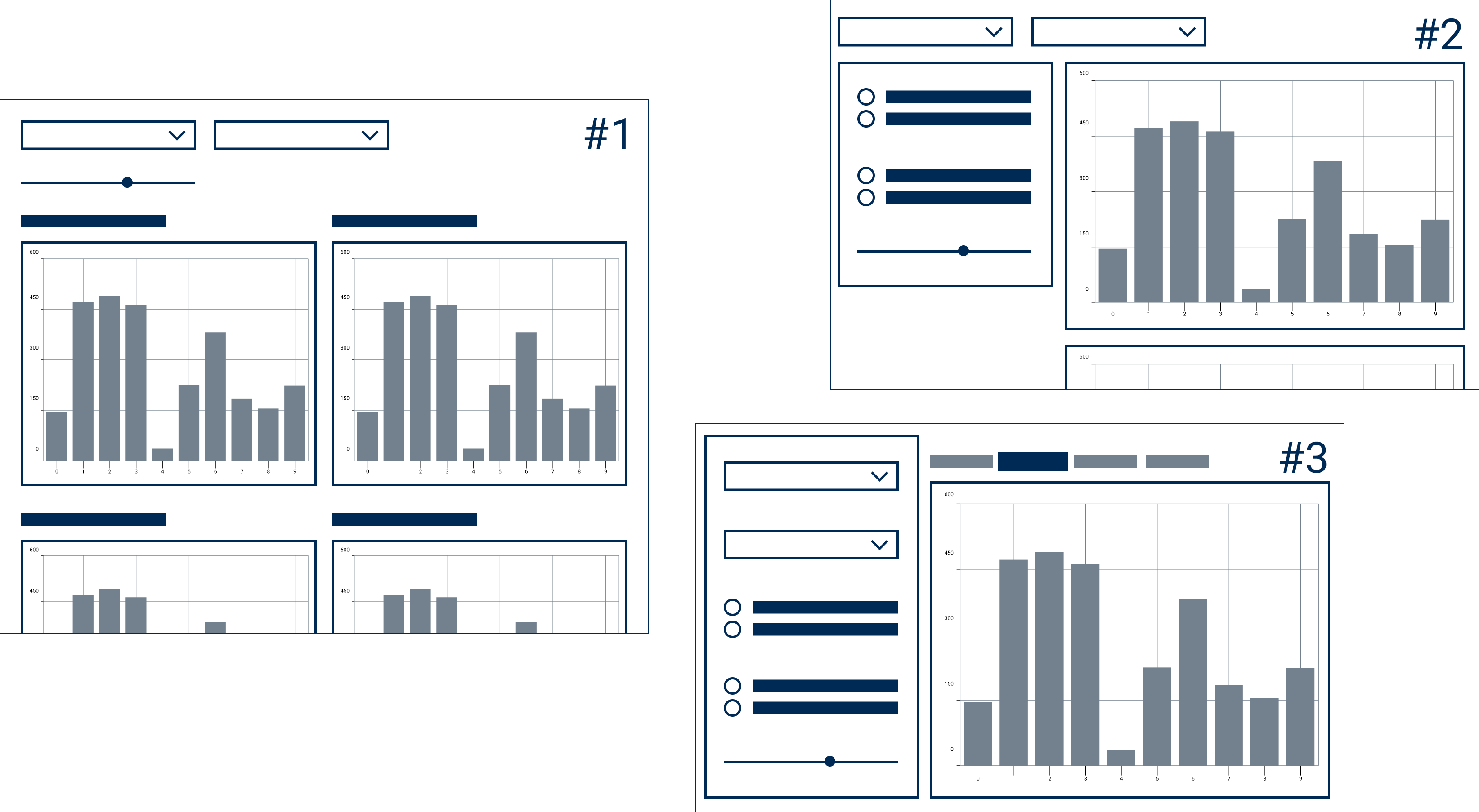 Three wireframe sketches of the data tool layout